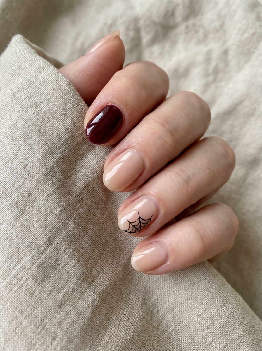 Tiny Spiderweb Accent Nails als Halloween Nails Kurz Inspiration 2026